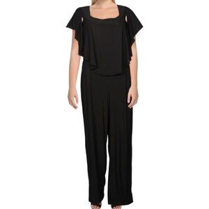 Emma & Michele Black Jumpsuit Stretch Knit with Sheer Layer Flutter‎ Sleeve S